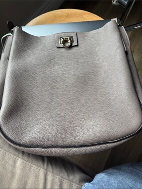 Ferragamo Pebbled Taupe Shoulder Bag with Gold Ring Accent
